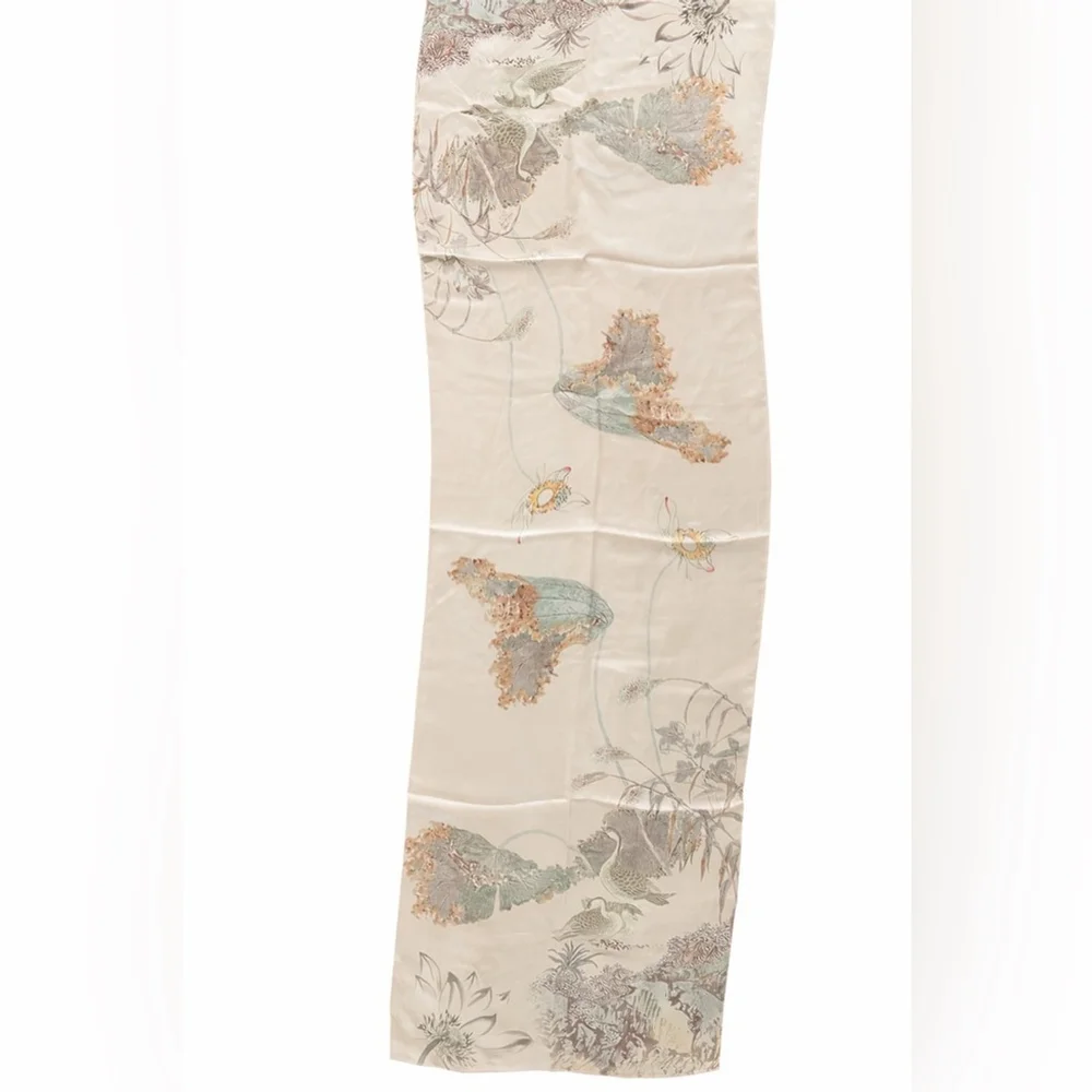 new Silk Illustrated Scarf Botanical & Bird Print Neutral Blush Tones 20” x 66”